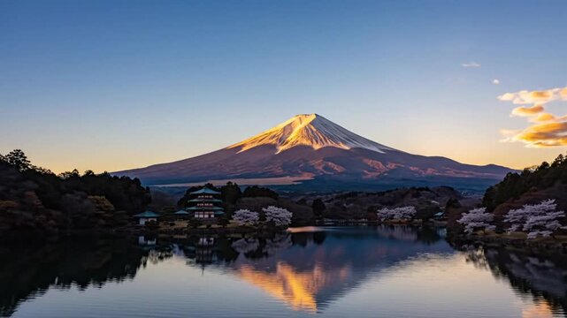 Stunning sunrise time-lapse video over mount fuji reflecting in lake tanuki with traditional japanese pagoda in foreground