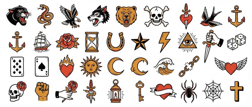 Discovering the vivid world of traditional tattoo designs featuring iconic symbols from nature to mythology