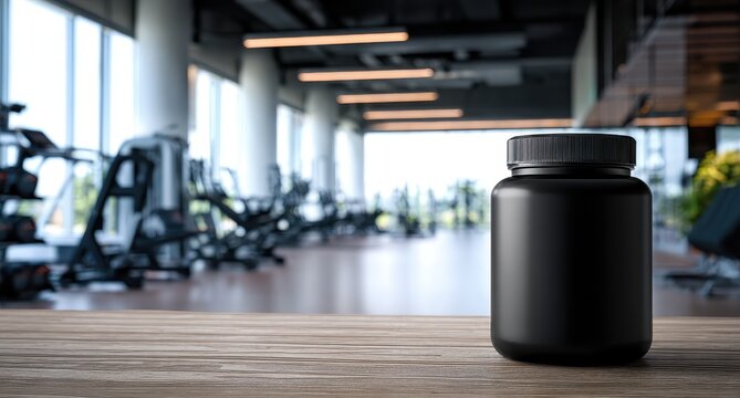 black supplement jar mockup on a gym table