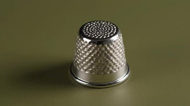 Close-up of a shiny metal thimble, a classic sewing tool, resting on a muted green surface, highlighting its textured surface and craftsmanship.