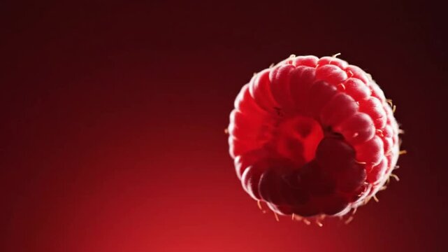 Close-up of a single fresh red raspberry rotating against a vibrant red background, showcasing its texture and rich color.