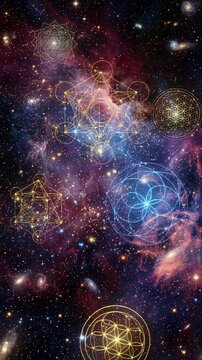 Sacred geometry patterns floating in deep space galaxy.