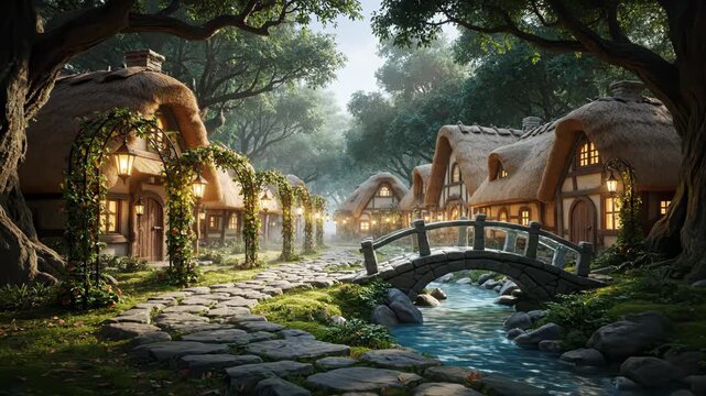 A charming hobbit village nestled in a misty, sun-dappled forest. Cozy, thatched-roof homes line a stone path beside a gentle stream.