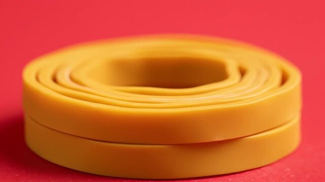 Close-up of a stack of yellow rubber bands on a vibrant red background, perfect for office, craft, or organizational themes.