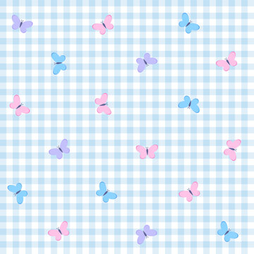 Seamless pattern with pastel butterflies on a blue gingham background. Ditsy aesthetic for nursery and textiles.