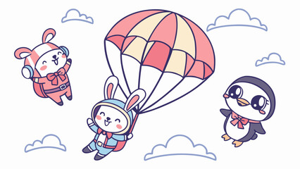 Cute Cartoon Animals Skydiving with Parachute Fun Adventure for Children's Book Design or Toy Promotion