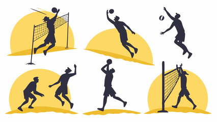 Fototapeta premium Dynamic Volleyball Player Silhouettes Spiking Serving and Digging for Sports Web Design Summer Promotion