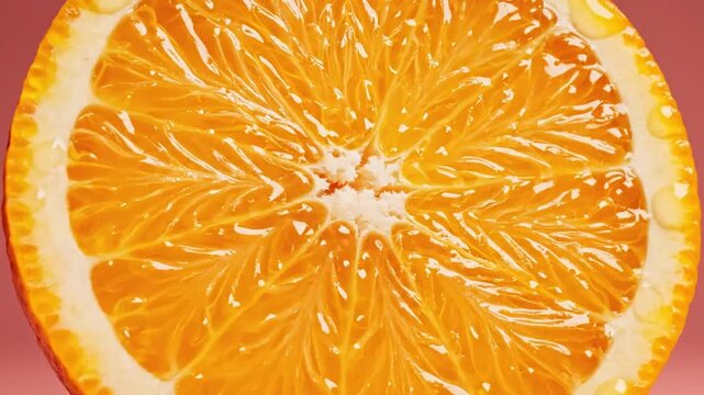 Close-up of a vibrant orange slice against a pink background, showcasing its juicy texture and bright color.
