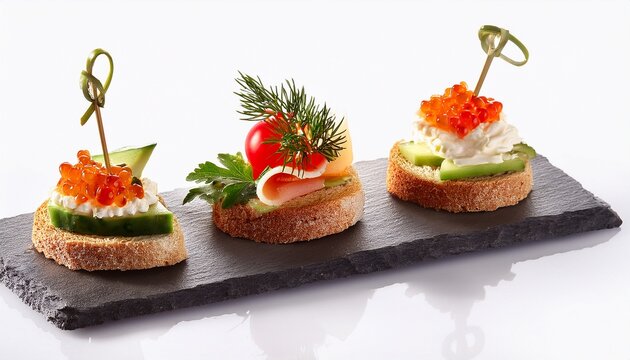 Canape Made Of Bread And Spreads With Caviar And Vegetables Decorated With Microgrin Festive Snack On White Background