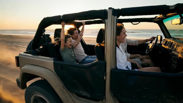 Family driving a roofless jeep on the beach at sunrise, smiling parents with children enjoying vacation, warm colors, joyful summer holiday, travel and relaxation