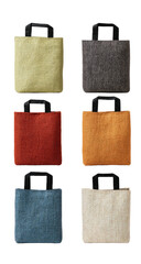 Six square-shaped tote bags in various solid colors, each with black handles, set against a black backdrop