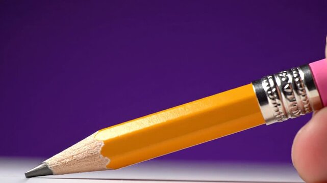 Close-up of a yellow pencil writing on paper with a purple background.