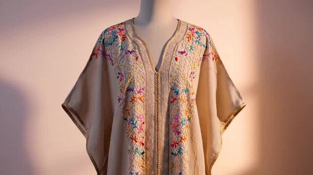 A hand-drawn kaftan design transforms into a beautifully embroidered garment. This elegant fashion piece showcases intricate colorful floral patterns.