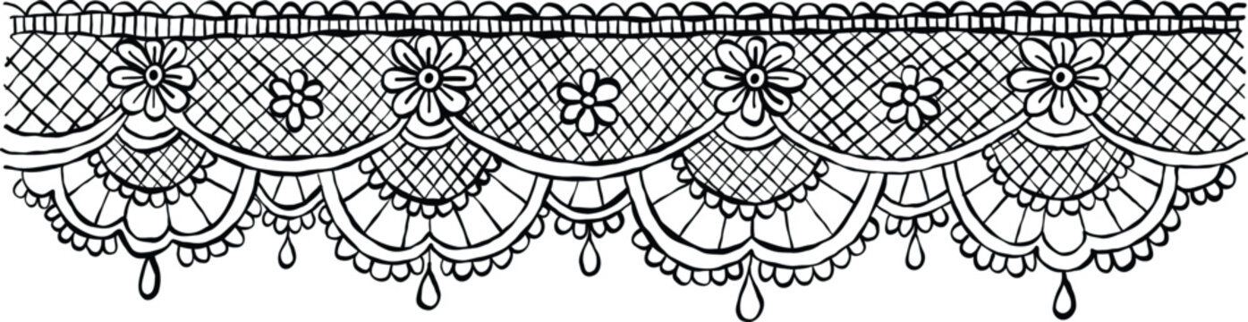 Elegant hand-drawn lace border with floral ornaments and delicate mesh details for invitations, wedding designs, stationery, scrapbooking, textiles, and decorative backgrounds in vintage style