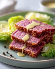 Fototapeta premium Thick slices of pink corned beef stacked neatly on a green plate with lettuce and mustard sauce, garnished with black pepper and a small bowl of sauce