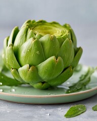 Obraz premium Whole fresh green artichoke with tightly layered leaves placed on a light green plate, surrounded by water droplets and fresh mint leaves on a textured gray background