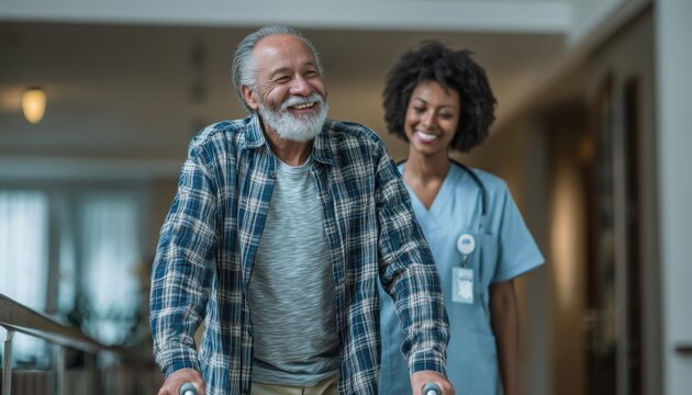 Elderly Gentleman With Mobility Walker Receives Assistance From African American Nurse In Nursing Home. Joyful Senior Gets Support.