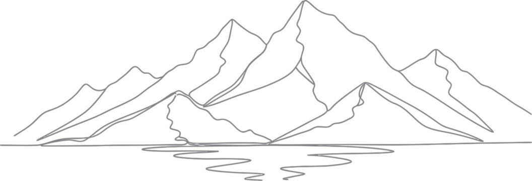 Simple black and white line drawing of a majestic mountain range with a serene lake reflecting the peaks in a minimalist style perfect for backgrounds and illustrations.
