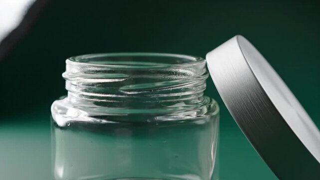 Empty Glass Jar with Lid on Green Background, Close-Up View.