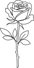 Simple black and white illustration of a rose with leaves and a stem on a plain white background, showcasing elegant minimalist design.
