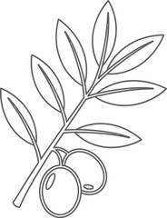 Obraz premium Simple black and white line drawing illustration of an olive branch with leaves and fruits on a clean white background representing peace and harmony.