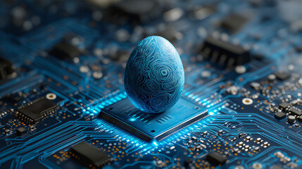 Futuristic Blue Easter Egg on Glowing Microchip Processor with Neon Circuit Board &ndash; Artificial Intelligence and Digital Data Concept