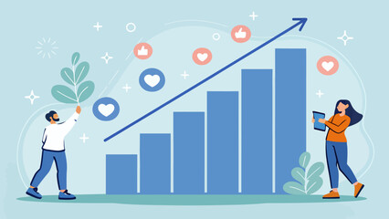 Fototapeta premium Business growth concept: Diverse team celebrates rising bar graph with social media icons, illustrating success.