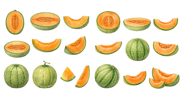 A charming watercolor collection of ripe cantaloupe melons, including whole fruits, halved melons with seeds, fresh slices, and detailed textured rinds.