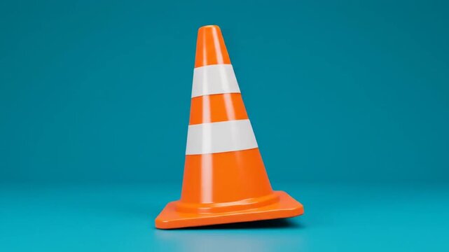 Orange and White Traffic Cone Standing Upright and Falling Down on a Blue Background.