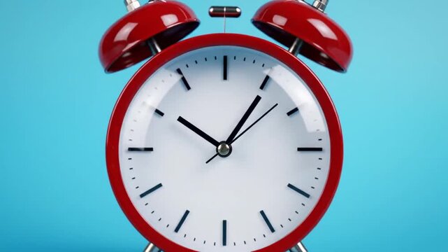 Red Alarm Clock Ticking on Blue Background, Time Passing Concept.