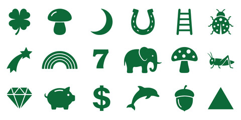 Good Luck Symbols Icon Set in Minimal Black Silhouette Style.