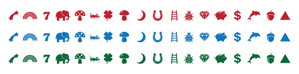 Good Luck Symbols Icon Set in Minimal Black Silhouette Style.