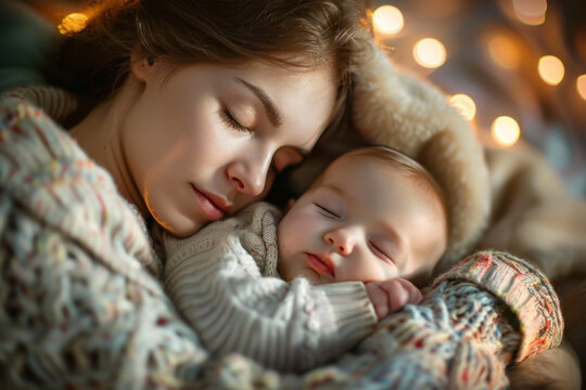 M&egrave;re tenant son nouveau-n&eacute; endormi contre elle, lumi&egrave;re douce et chaleureuse en int&eacute;rieur. Moment d&rsquo;intimit&eacute;, d&rsquo;attachement maternel et de tendresse, ambiance cocooning et familiale.