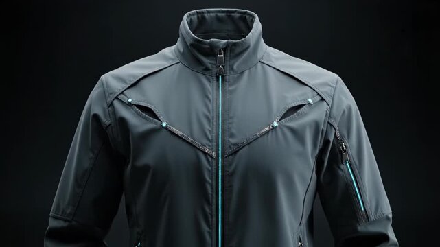 A futuristic jacket emerges from a glowing circuit board. This innovative design blends technology with modern apparel.