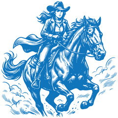 Cowgirl bull rider with bull kicking up back legs sketch on white background.