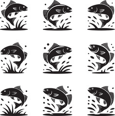 Obraz premium Dynamic black silhouettes of nine different jumping fish with water splashes and aquatic plants