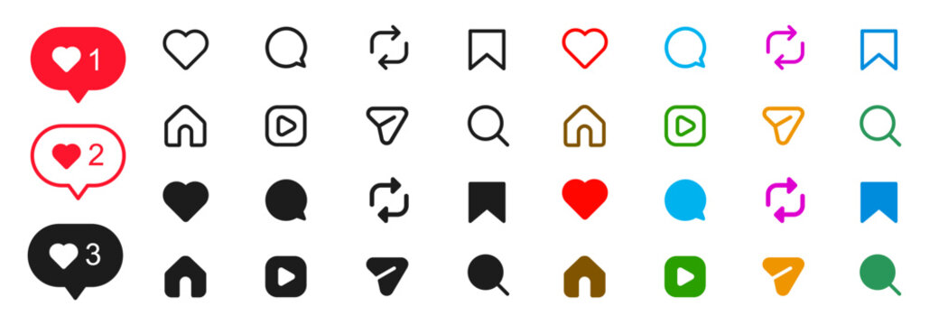 Notification icon set including symbols of home, like, comment, search, repost, reply, red speech bubble, share and save, social network post reactions