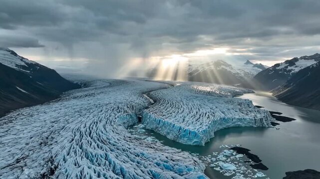 Cinematic aerial view of vast blue glacier ice with dramatic sun rays piercing through heavy dark storm clouds over arctic lake