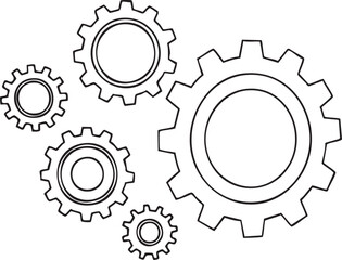 Black line of five interlocking gears on white background cogs mechanical