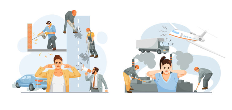 People covering ears due to loud construction, traffic, and factory noise with smoke and vehicles in urban background. Concept of pollution and noise. Vector illustration