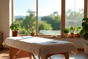 Fototapeta premium Empty massage table in a bright sunlit wellness studio with large windows and green plants