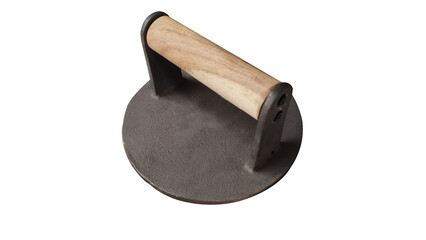 Burger press or Beef smash tool of cast iron with a wooden handle in a transparent background