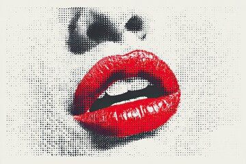 Vintage Lips Retro Style Woman Portrait. Red Lips Beauty Close-Up Glamour Portrait.
