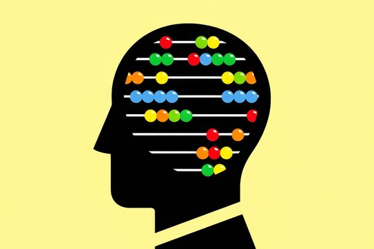 Silhouette of a head with abacus beads representing mental calculation concept.