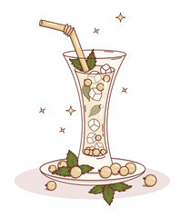 White Currant Fruit Drink in Slim Glass with Straw, Ice Cubes, Berries and Mint Leaves. Seasonal Refreshing Cocktail. Vector Illustration © Ludmila