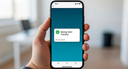 A person holding a mobile phone screen for money transfer concept.