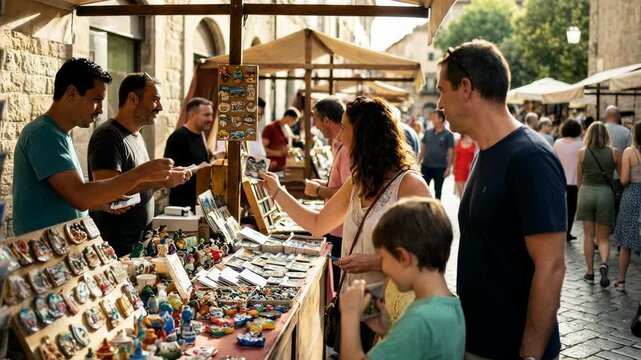 Happy family buying souvenirs at a market stall on vacation, smiling parents with son and daughter, warm sunrise colors, joyful holiday atmosphere, summer travel and leisure