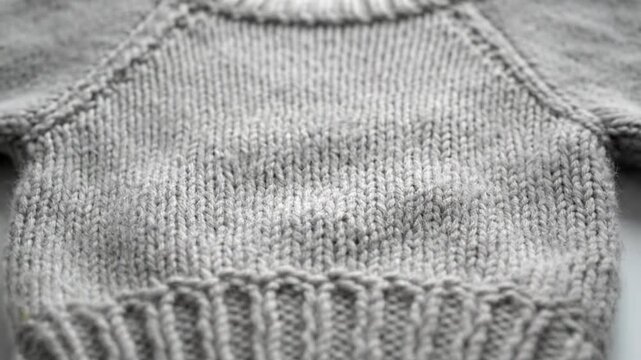 Close-up of soft, grey knitted fabric. Details of the handmade sweater show intricate stitches.