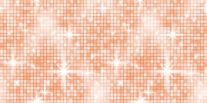 Disco glitter sequin with background gold texture for backdrop glam dance. Tile pattern ball with party rose seamless for mosaic retro sparkle. Floor neon disco with bg background light
