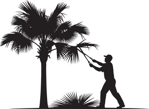 Silhouette of a man pruning a palm tree with long-handled shears, illustrating landscaping and tropical maintenance.